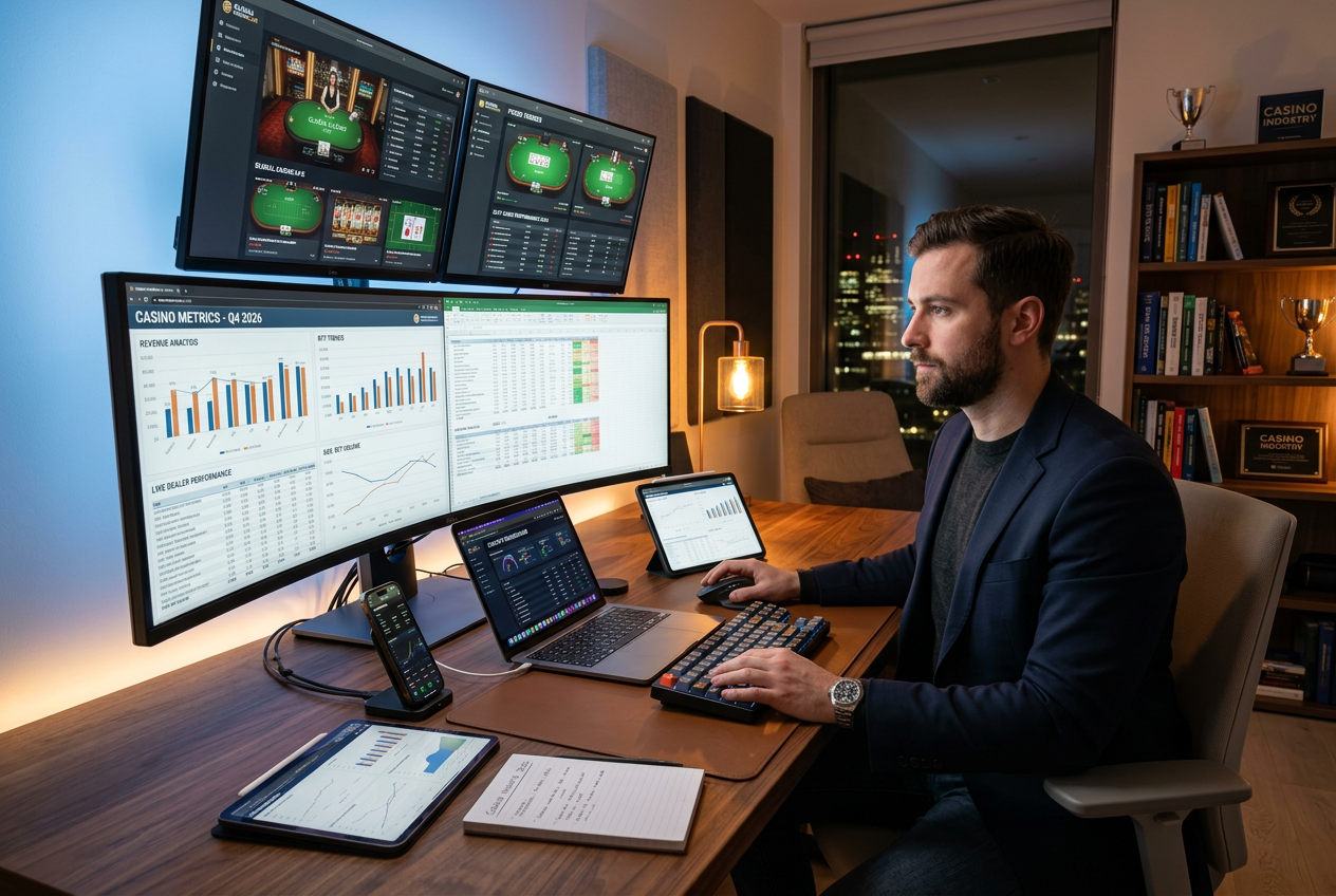 Modern office setup of a gambling industry expert with multiple screens and analytical tools.