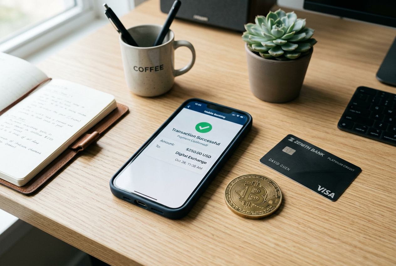 Smartfon z aplikacją płatniczą i kryptowalutą na biurku